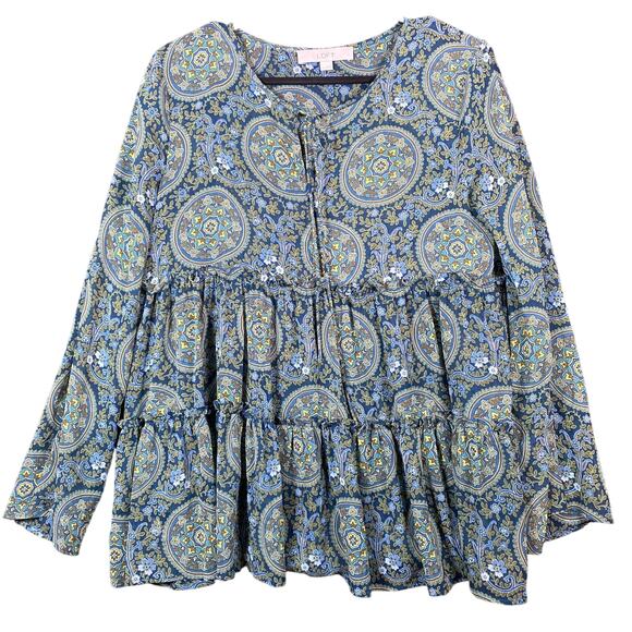 Ann Taylor LOFT Womens Blouse Blue Paisley Frill Doll Chiffon Bell Sleeve Small - Picture 1 of 14